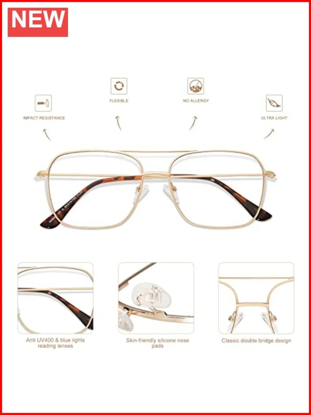 Retro Aviator Square Reading Glasses Blue Light Blocker UV400 UV Protection